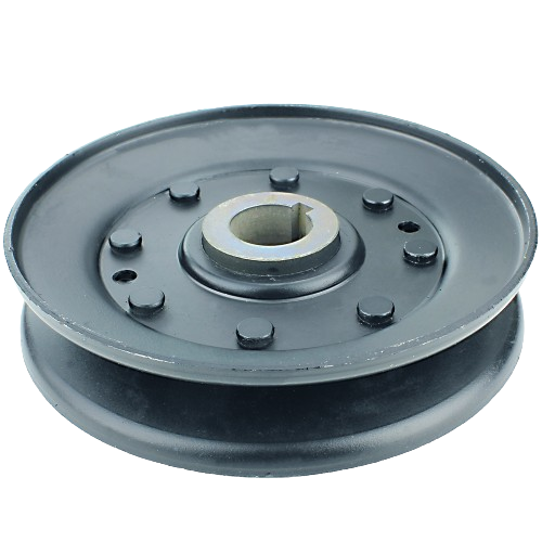 Black metal pulley with central bore and mounting holes for automotive and tractor machinery parts and accessories
