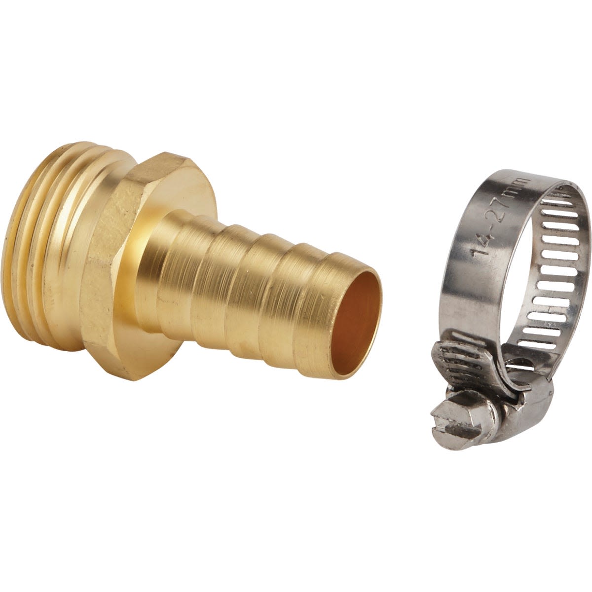 Male brass hose repair fitting with stainless steel hose clamp for tools and home improvement tasks