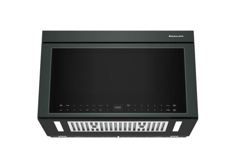 Over-the-range black KitchenAid microwave with infrared sensor and ventilation hood in kitchen appliances collection