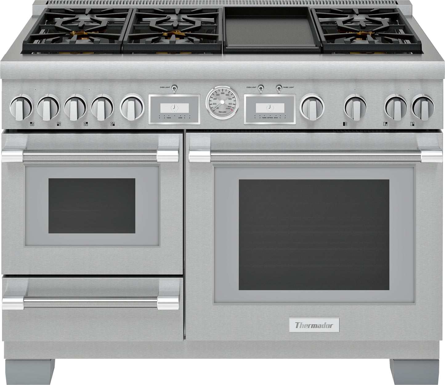 Professional 48-inch dual fuel range with stainless steel finish, multiple burners, griddle, and dual ovens in kitchen appliances collection