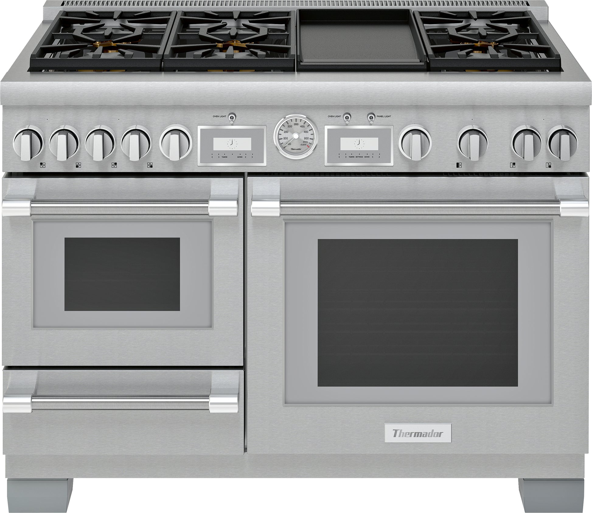 Professional 48-inch dual fuel range with stainless steel finish, multiple burners, griddle, and dual ovens in kitchen appliances collection