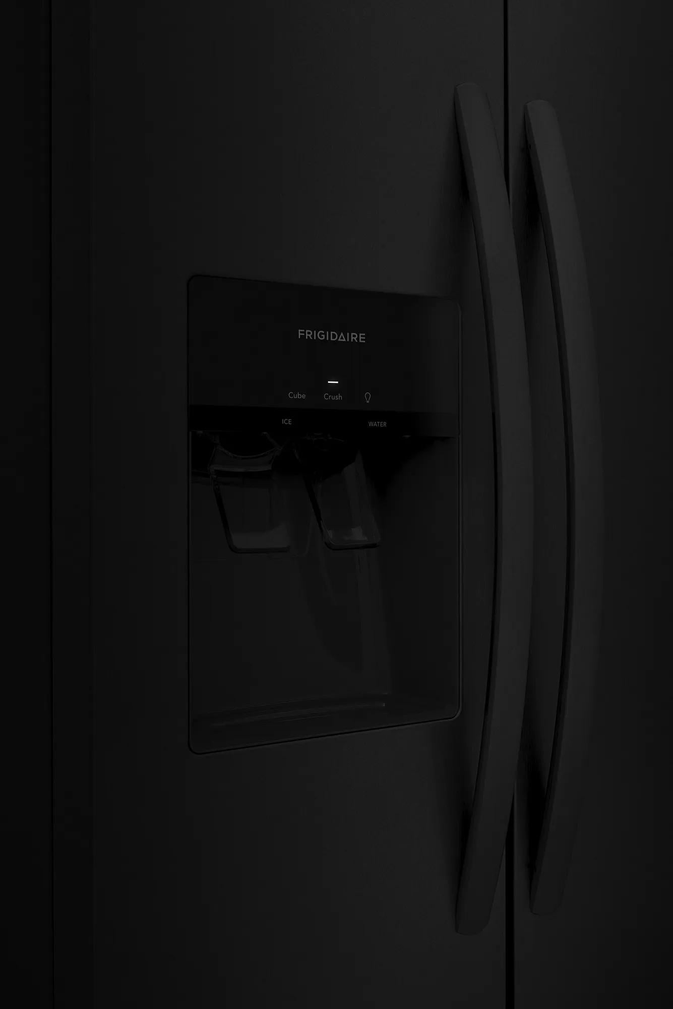 Black side-by-side refrigerator with external ice and water dispenser in kitchen appliances and refrigerators collection