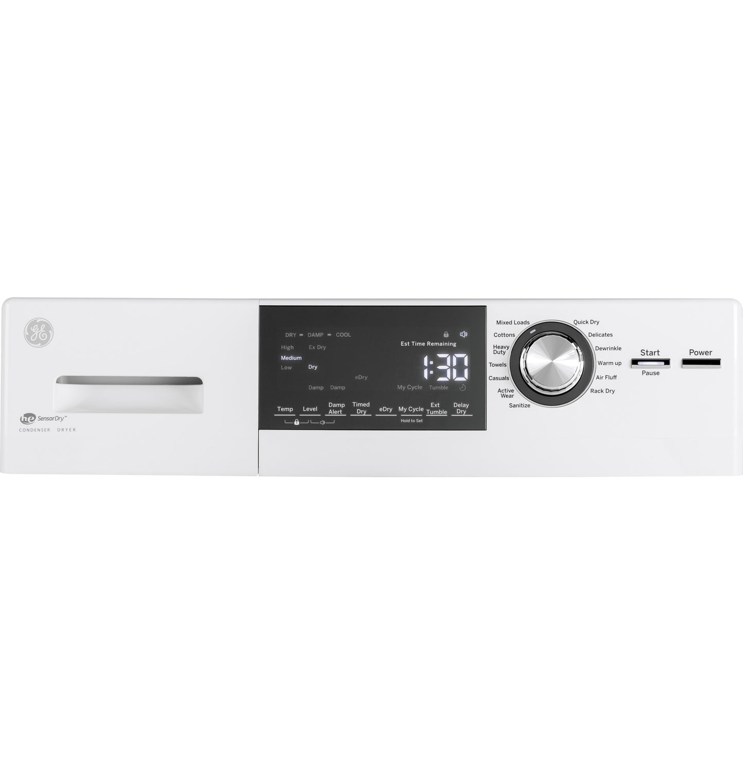Control panel of white front load ventless electric dryer with digital display, cycle knob, and start power buttons in appliances collection