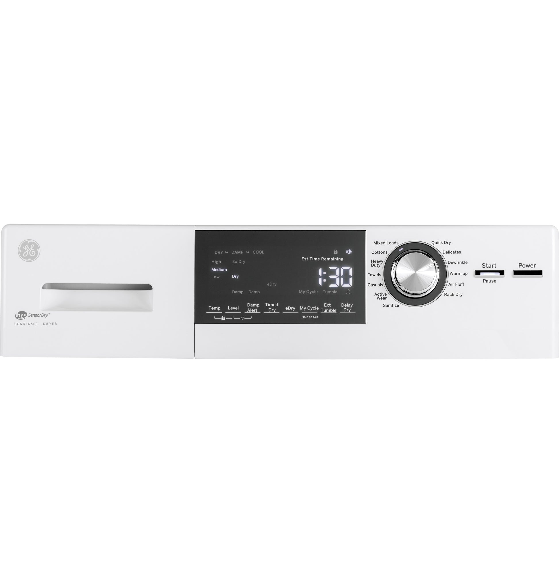 Control panel of white front load ventless electric dryer with digital display, cycle knob, and start power buttons in appliances collection