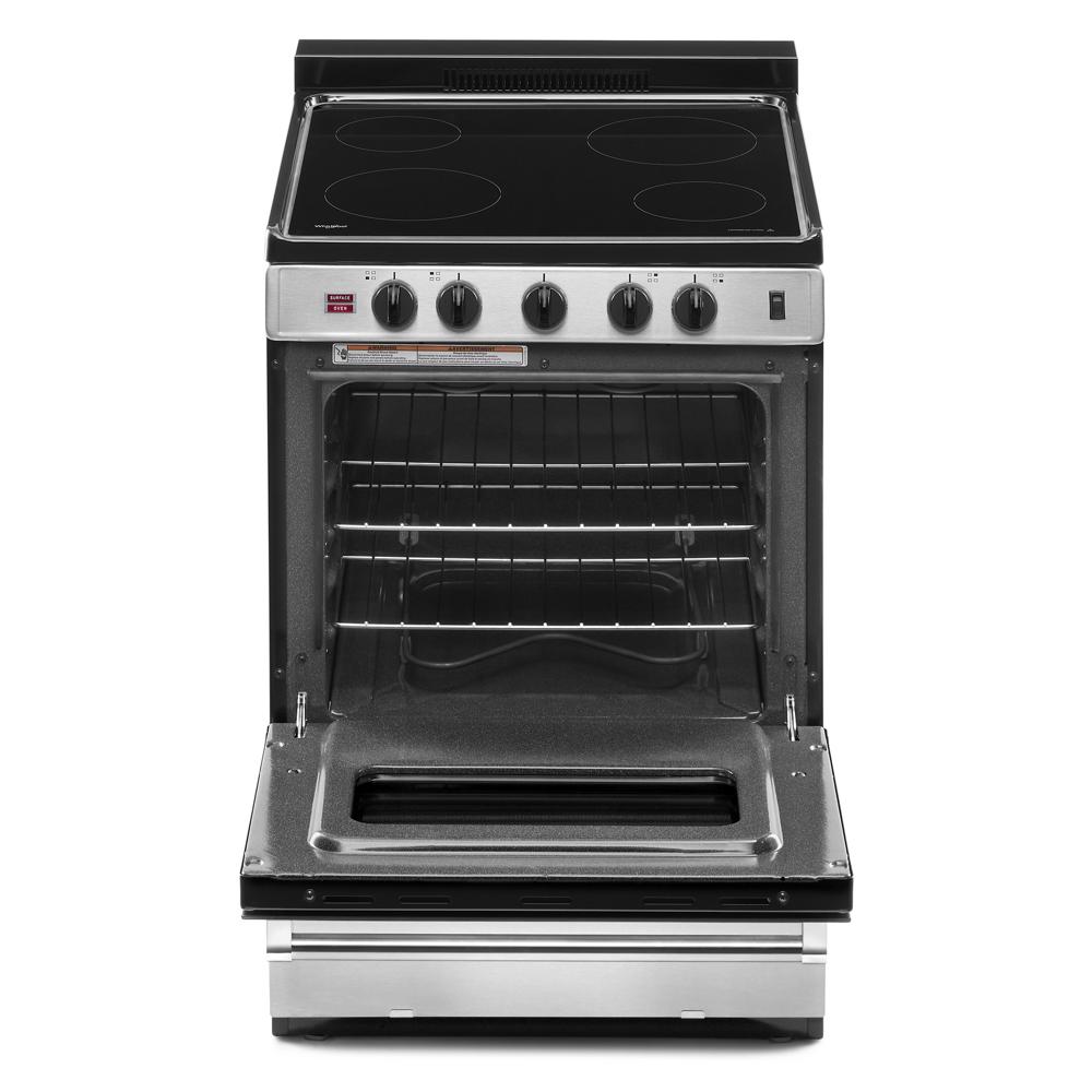 24-inch freestanding electric range with stainless steel finish and open oven door for kitchen and appliance collections