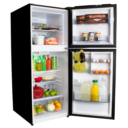 Black top freezer refrigerator with glass shelves, crisper drawers, and organized storage in kitchen appliance collection