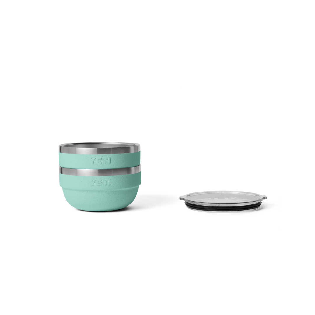 Two stacked light teal insulated bowls with silver rims and a separate translucent lid for Dinnerware and Kitchen & Kitchenware collections