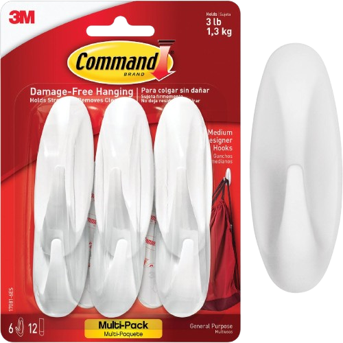 Set of six white adhesive utility hooks for damage-free hanging in hardware and fasteners collections under $50