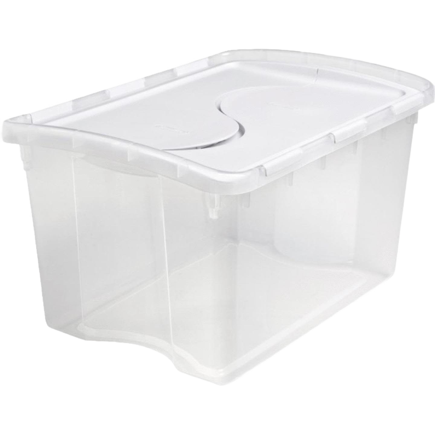 Clear hinged lid storage tote with 48-quart capacity for organization and dorm storage under $50