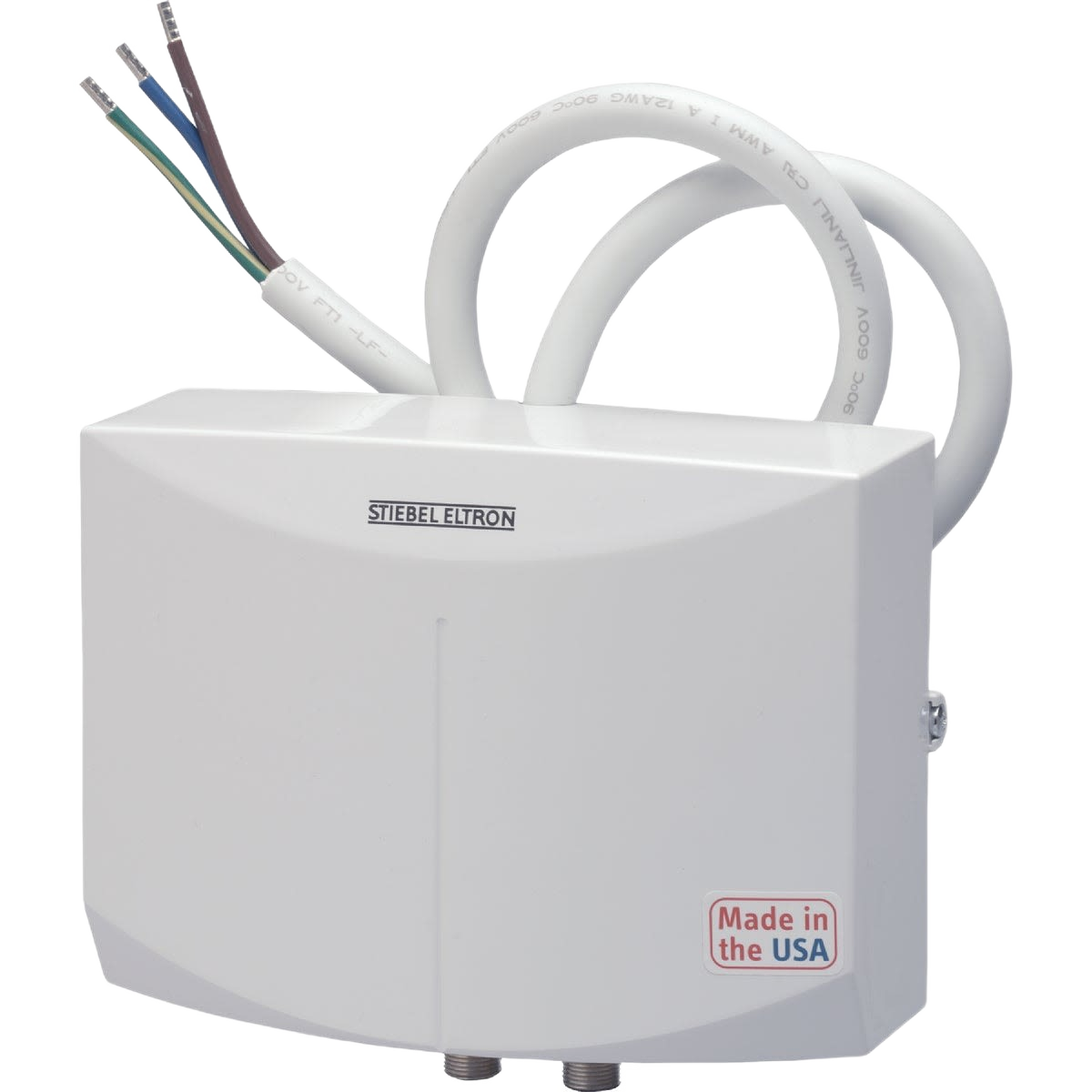 Compact white tankless electric water heater unit with labeled wiring and flexible tubing for home improvement installation