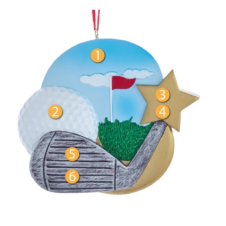 Christmas tree ornament with golf ball, club head, red flag on green, and attached gold star decoration