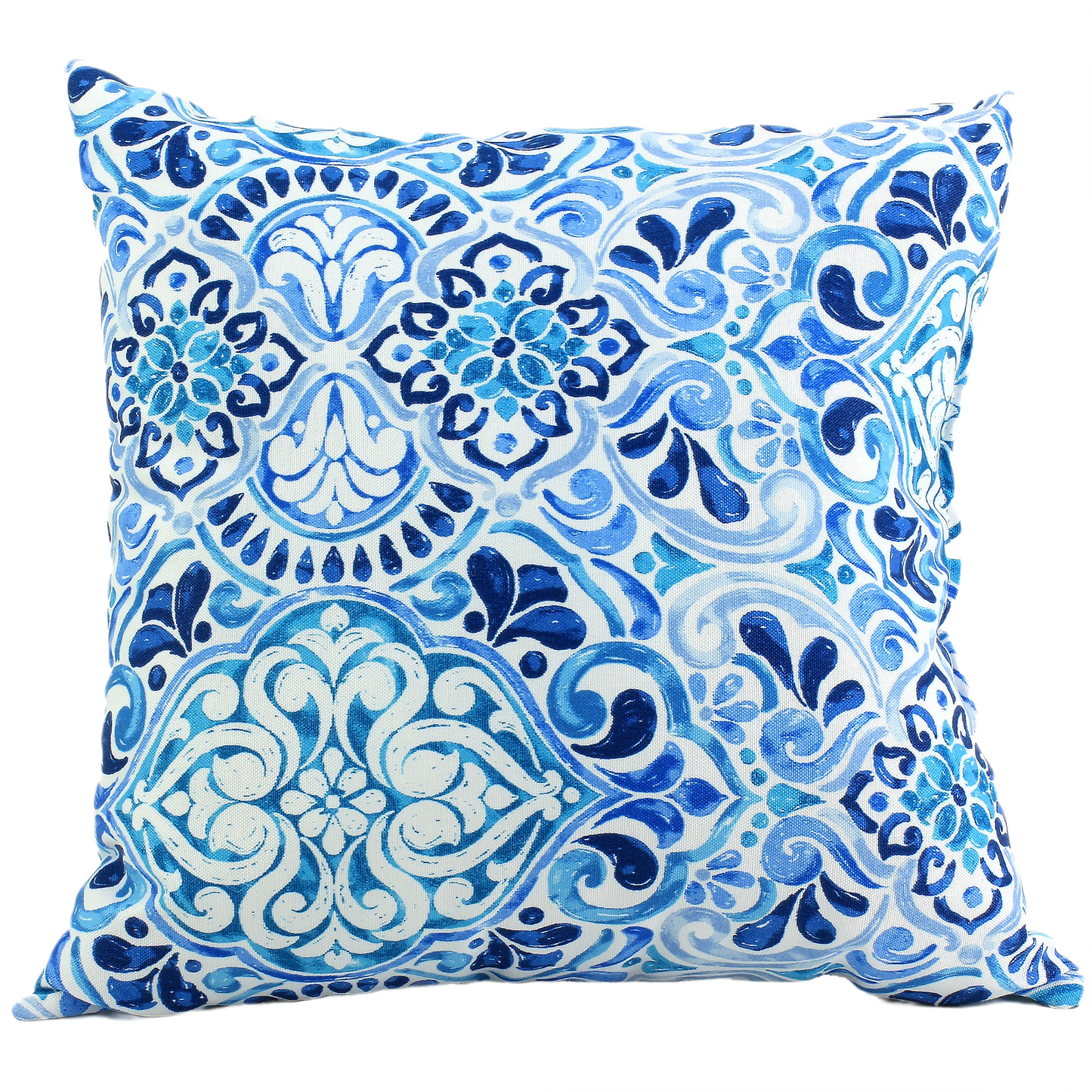 Decorative square pillow with blue and white intricate floral and swirl pattern for casual home comfort