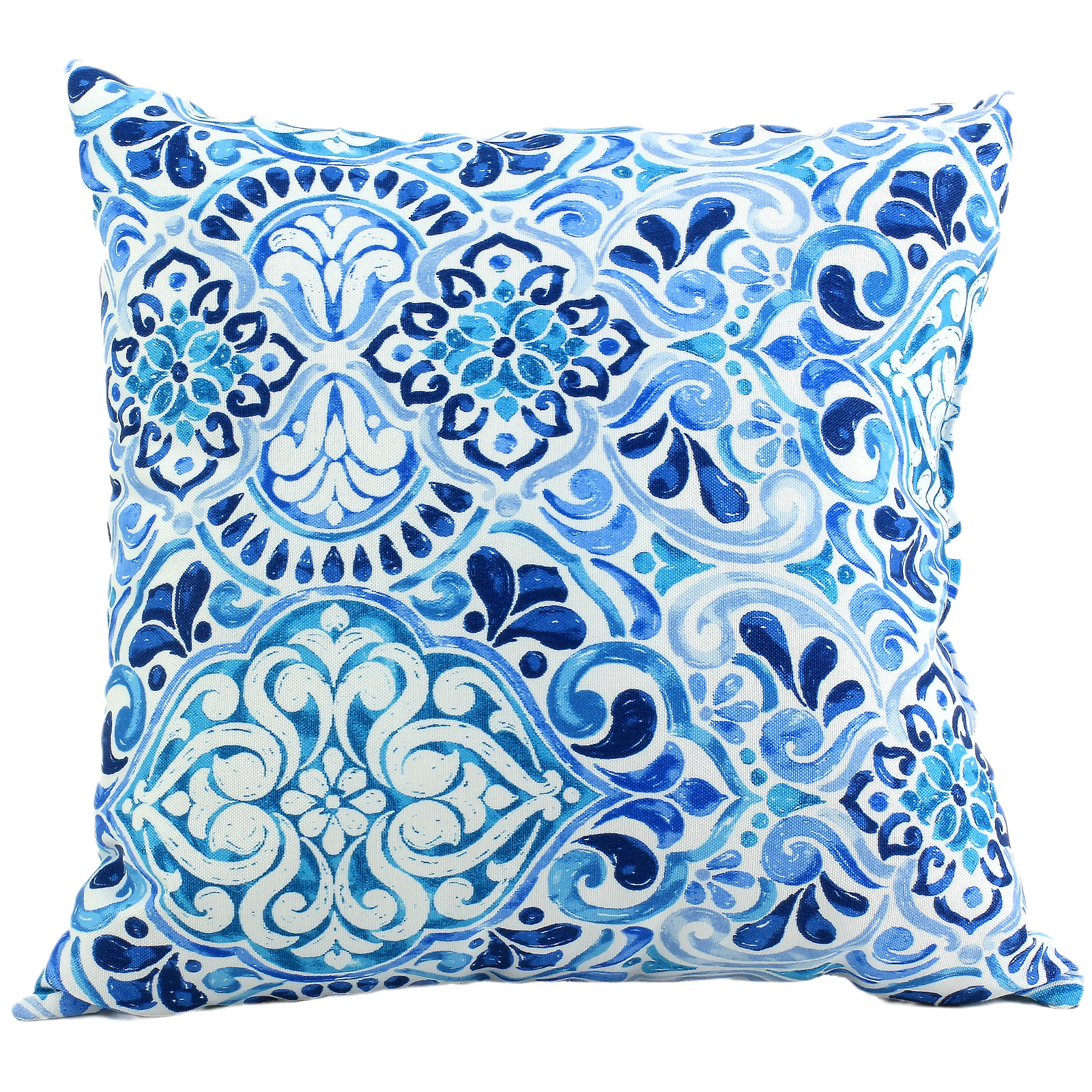 Decorative square pillow with blue and white intricate floral and swirl pattern for casual home comfort