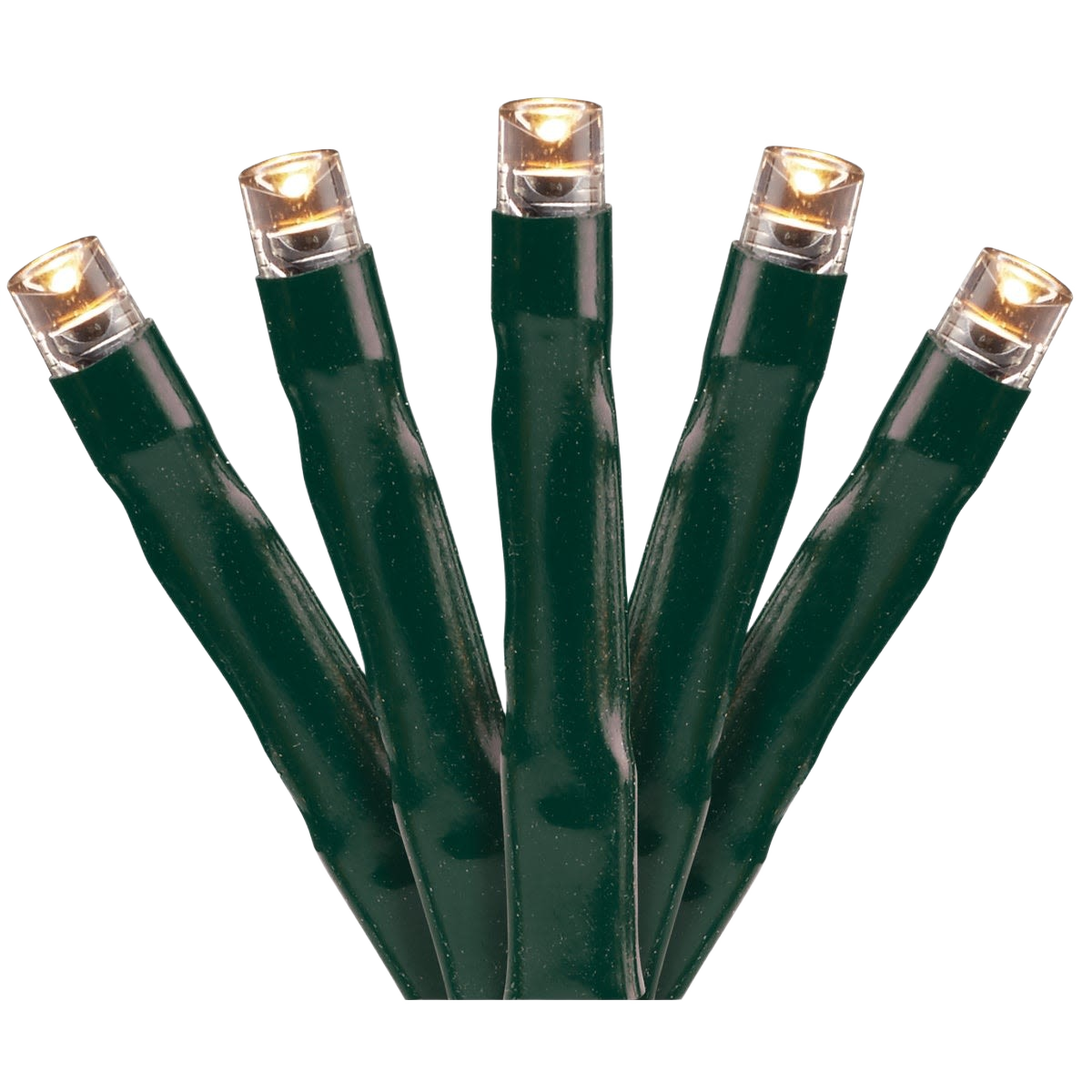 Close-up of warm white LED bulbs on green wiring from a compact light set for home improvement projects