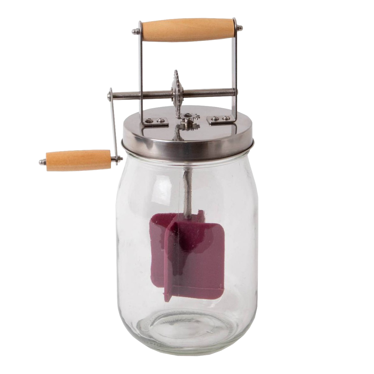 Mini glass butter churn with stainless steel crank and wooden handles for small kitchen appliances and gadgets collections