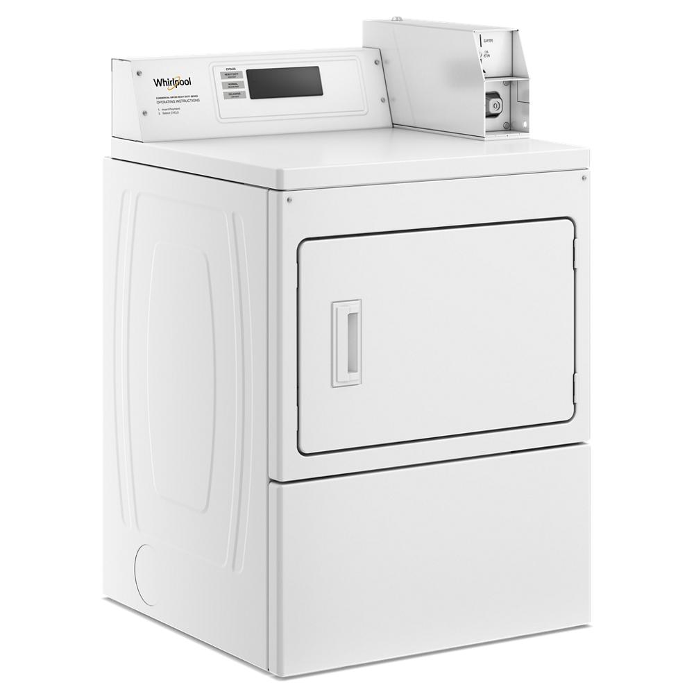 White commercial gas dryer with top-mounted coin drop and coin box for laundry and home improvement products collection