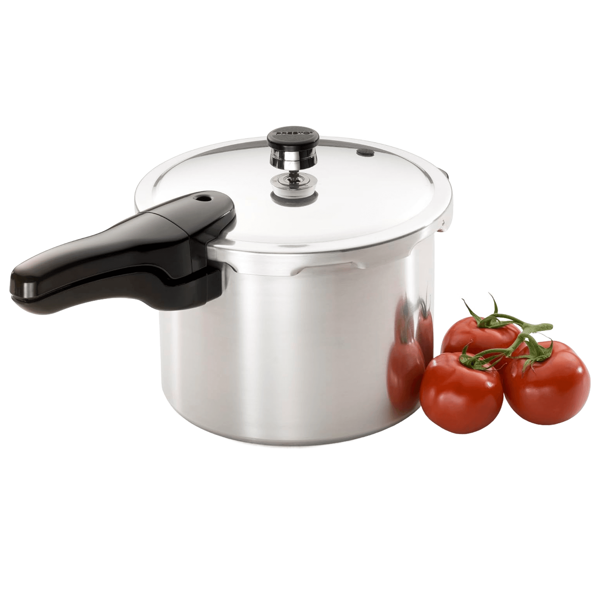 Polished aluminum pressure cooker with black handle beside fresh vine tomatoes in kitchenware and small appliances collection