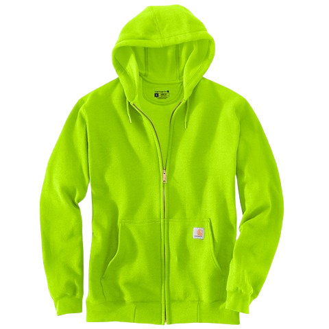 Men’s high-visibility bright green loose fit midweight full-zip hoodie in durable cotton-poly blend for workwear collections