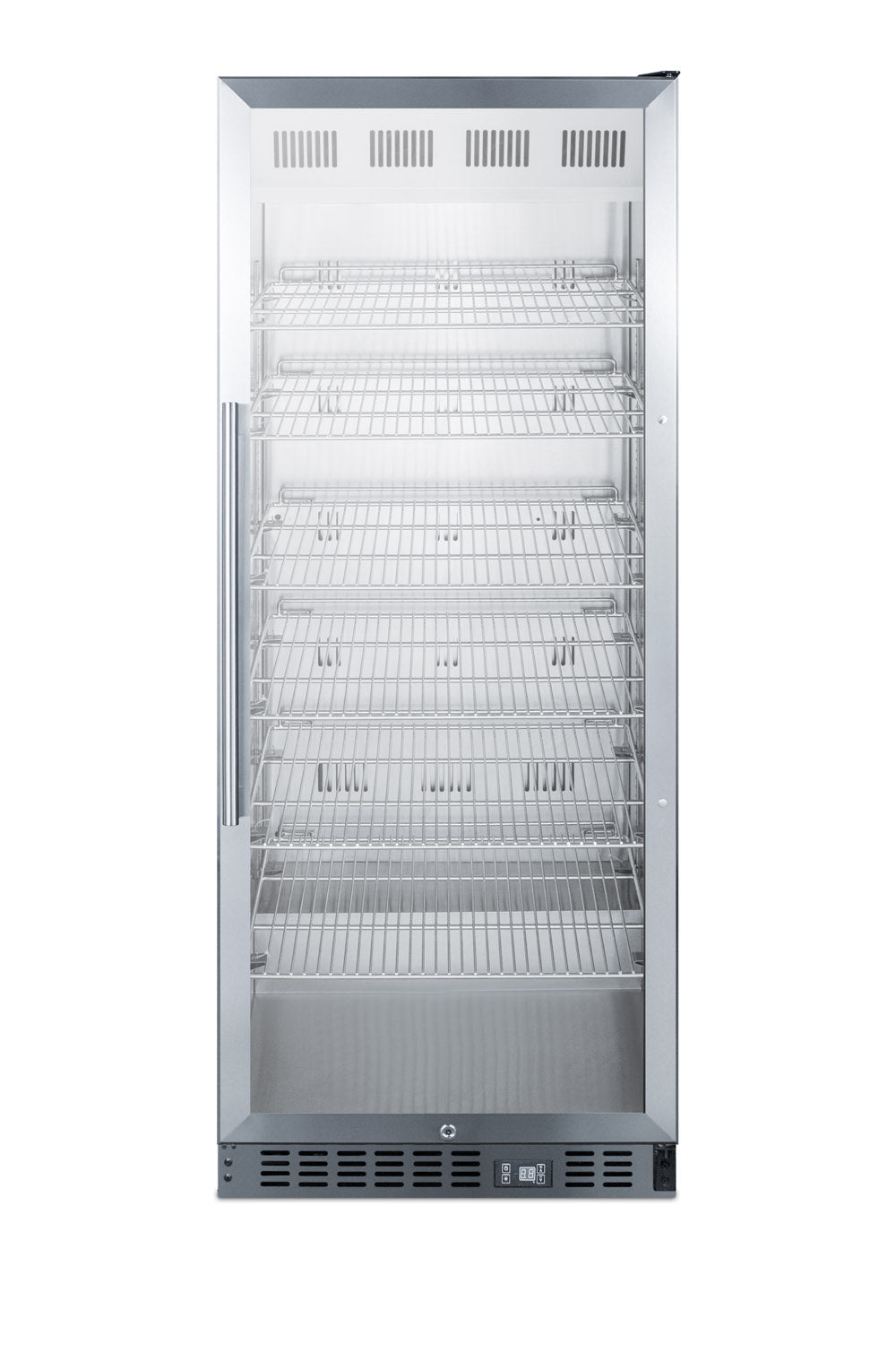 Tall glass-door pharmacy refrigerator with multiple wire shelves and digital temperature control from Refrigerators collection