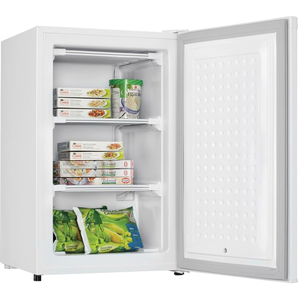 White compact upright freezer with manual defrost, mechanical thermostat, shown with frozen food inside in freezers collection