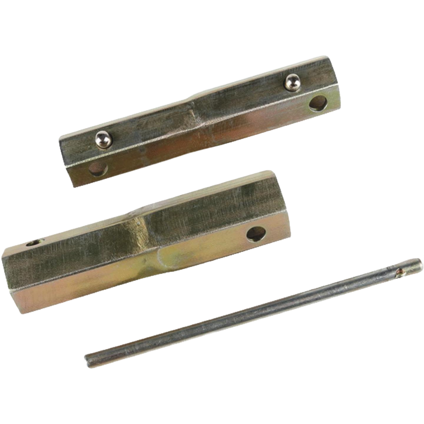 Set of metallic rectangular hardware brackets and a thin rod for tools and home improvement projects