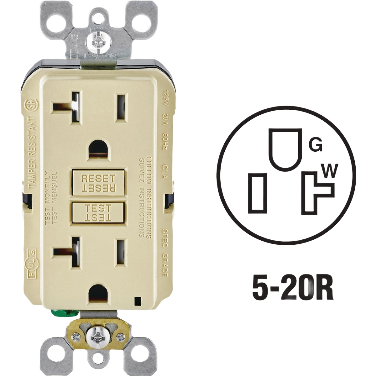 Ivory commercial grade GFCI outlet with reset and test buttons for tools and home improvement applications