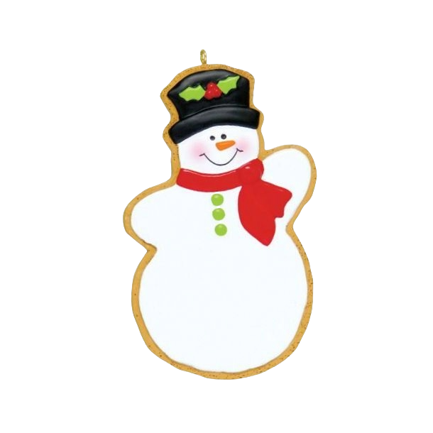 Snowman cookie-shaped Christmas ornament with black hat, red scarf, and green button details for festive tree décor under $50