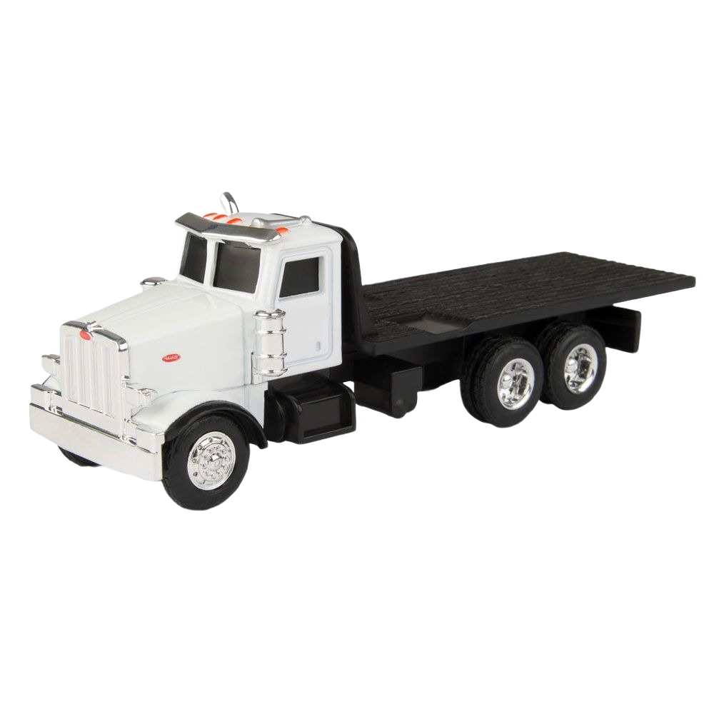 1:64 scale die-cast Peterbilt flatbed truck model with plastic bed for collectible vehicle and toy enthusiasts