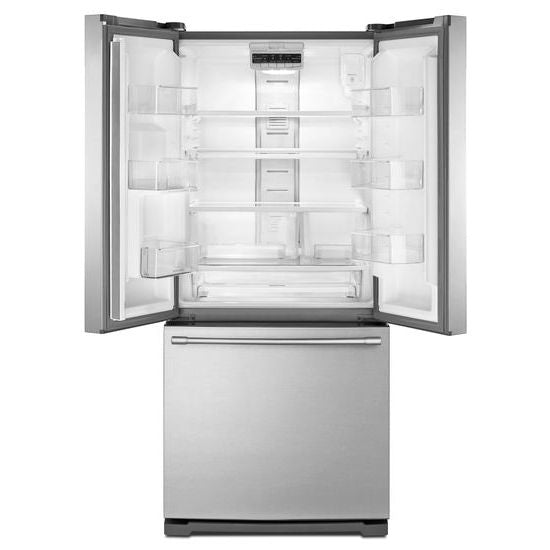 Fingerprint resistant stainless steel French door refrigerator with adjustable shelving and spacious bottom freezer drawer from appliances collection