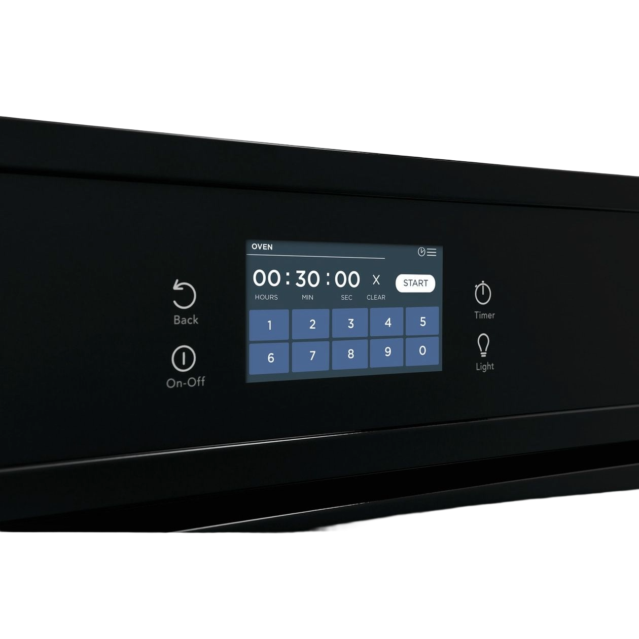 Close-up of touch screen digital timer and control panel on black wall oven in kitchen appliance setting
