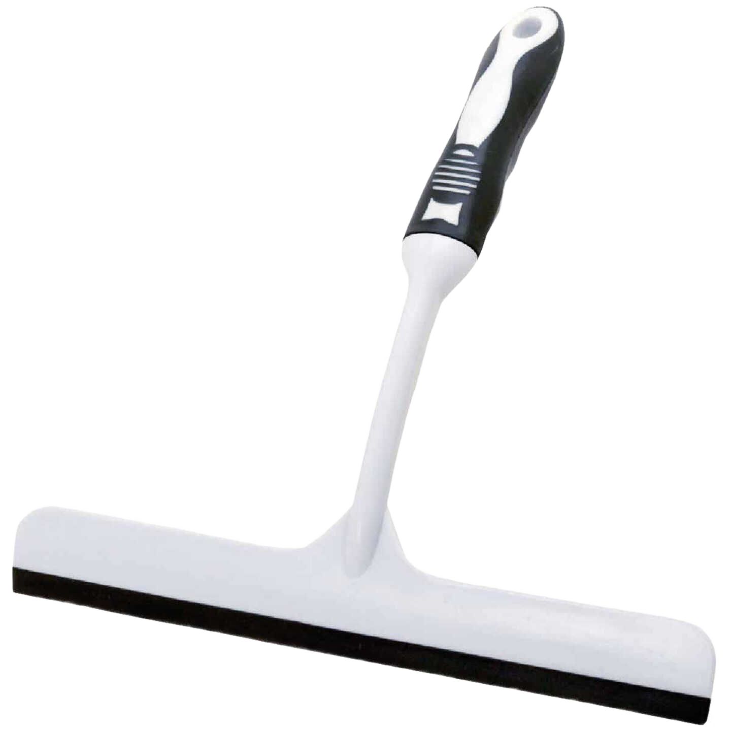 White plastic squeegee with ergonomic black and white handle for cleaning and home improvement tasks