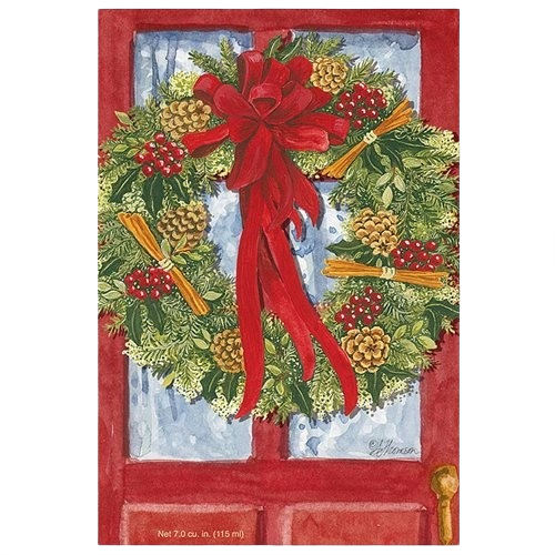 Illustration of festive red door wreath with pinecones, berries, cinnamon sticks, and a large red bow in Household Items collection