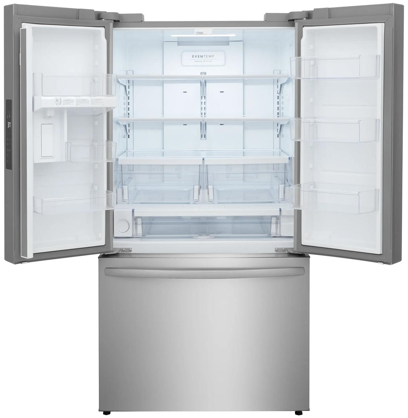 Spacious open French door refrigerator with adjustable interior shelving, clear drawers, and bottom freezer in appliances collection