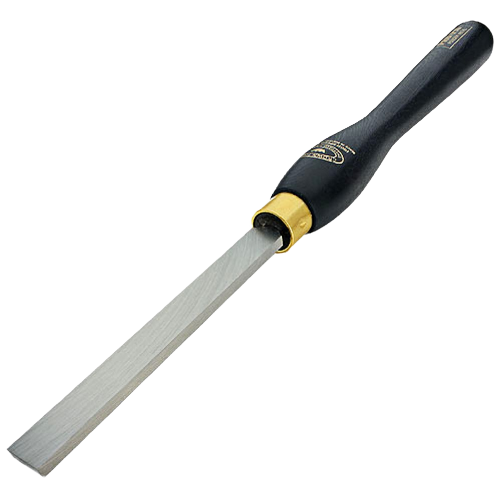 Woodworking scraper with black handle and polished steel blade for smoothing and shaping wood surfaces in home improvement tasks