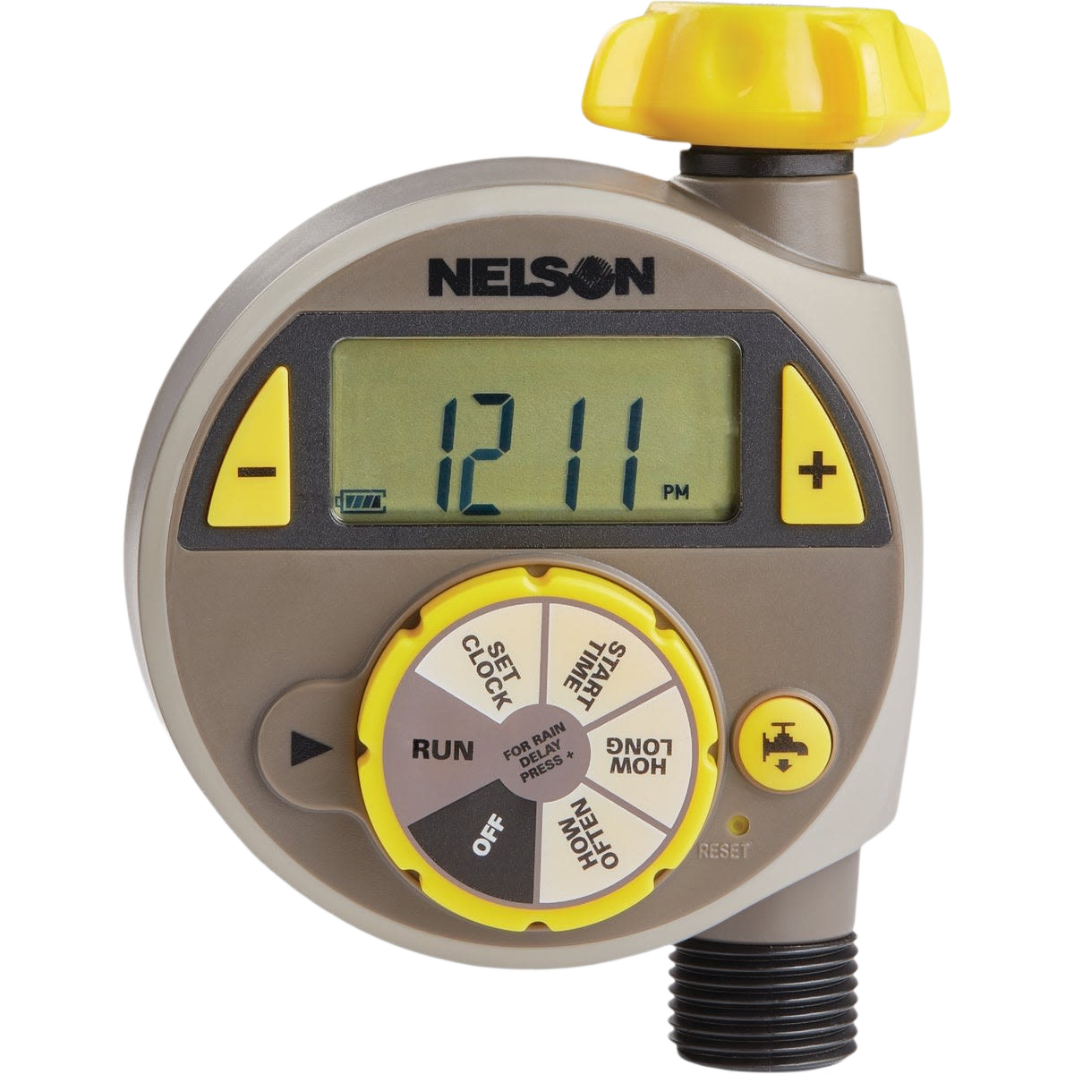 Electronic water timer with digital display and yellow dial for watering and irrigation in lawn and garden tools