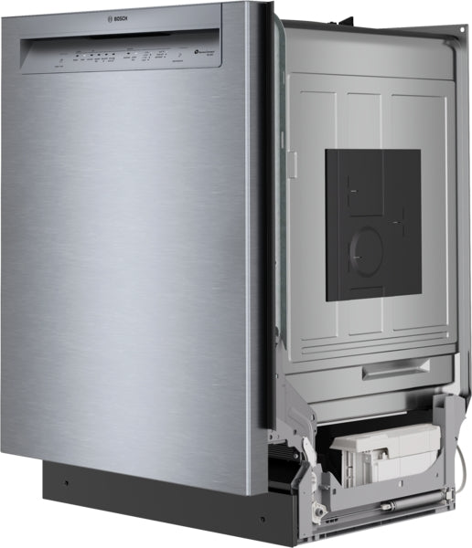 24-inch stainless steel anti-fingerprint dishwasher with partially exposed side and bottom, part of Bosch kitchen appliances collection