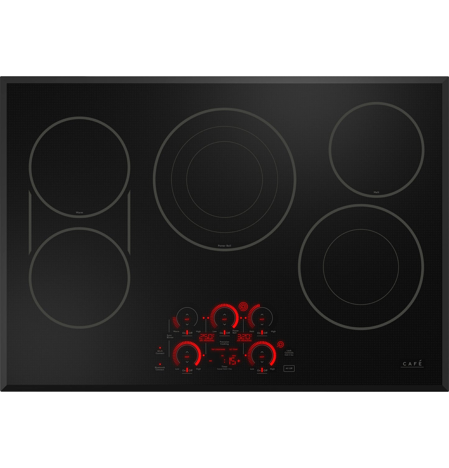 Black electric cooktop with five circular burners and red-lit touch controls in cooktops and kitchen appliances collection