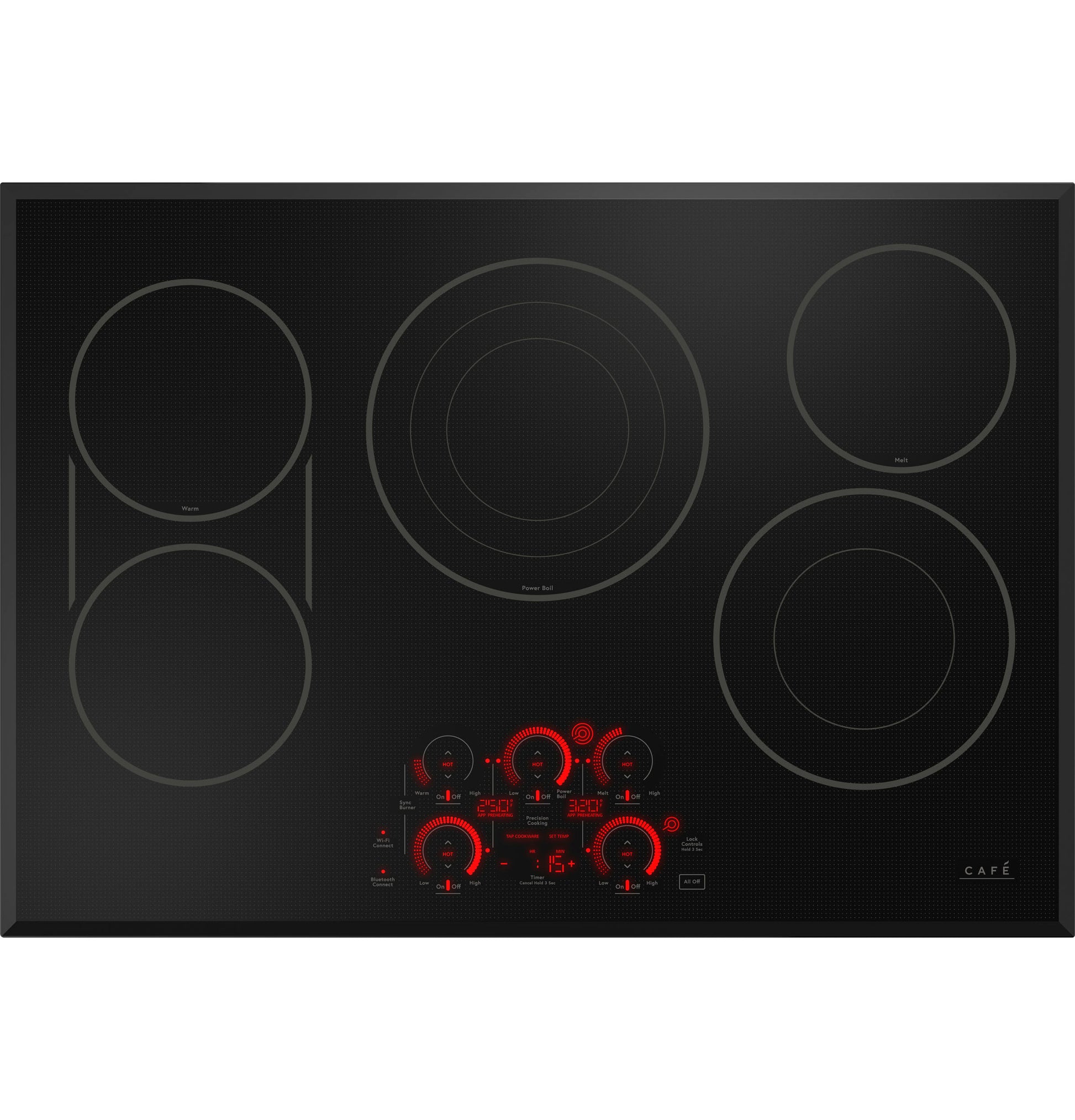Black electric cooktop with five circular burners and red-lit touch controls in cooktops and kitchen appliances collection