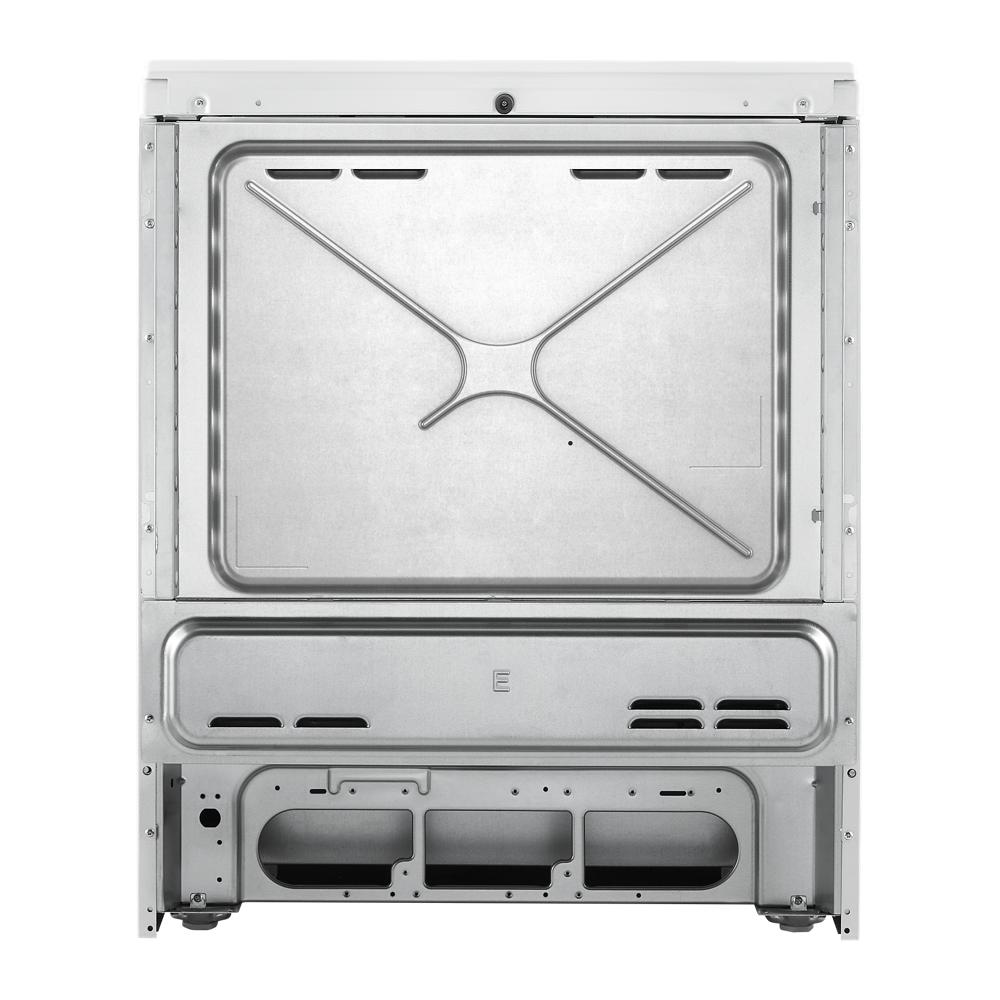 Rear view of a stainless steel electric range showing ventilation and wiring access panels for appliances collection