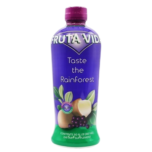 Purple and green bottle of Fruta Vida dietary supplement with fruit illustration and purple cap