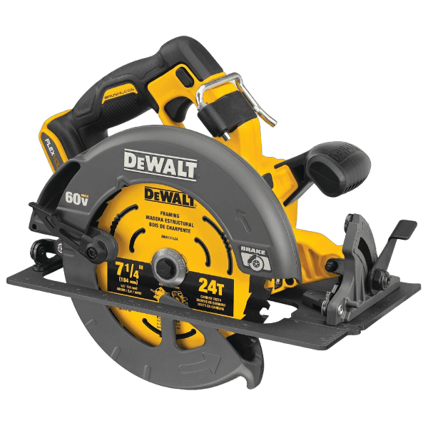 Yellow and black cordless 7-1/4 inch circular saw with 24-tooth blade and electronic brake for power tool and home improvement use