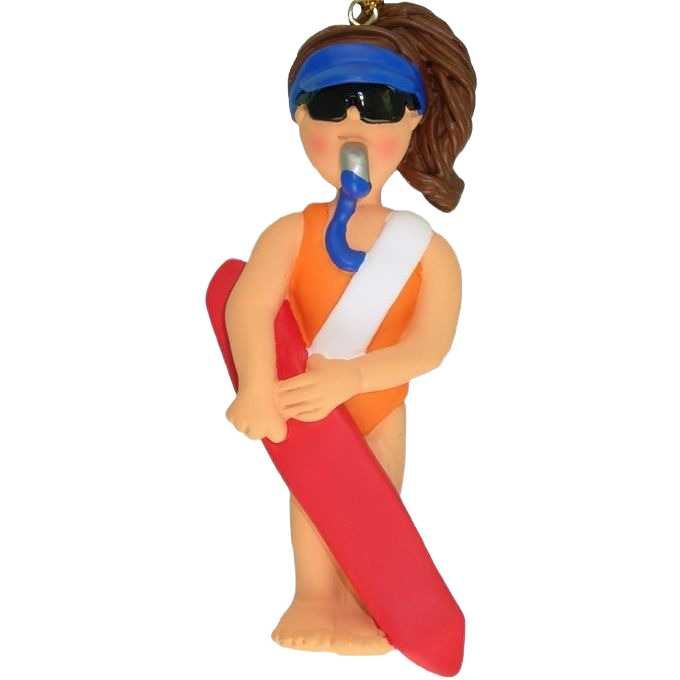 Brunette female lifeguard ornament in orange swimsuit with snorkel and red rescue board, Christmas ornament under $50