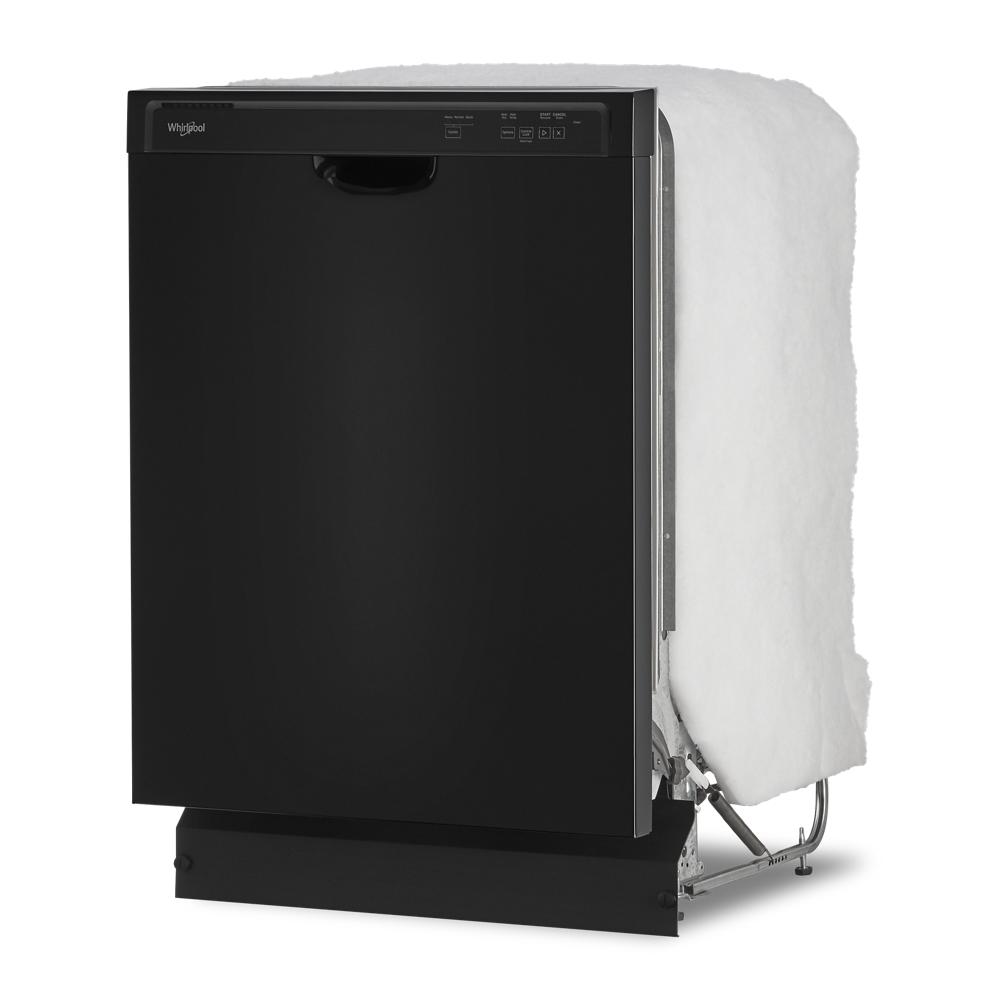 Black freestanding dishwasher with digital control panel, partially assembled showing insulation and internal frame in appliances collection