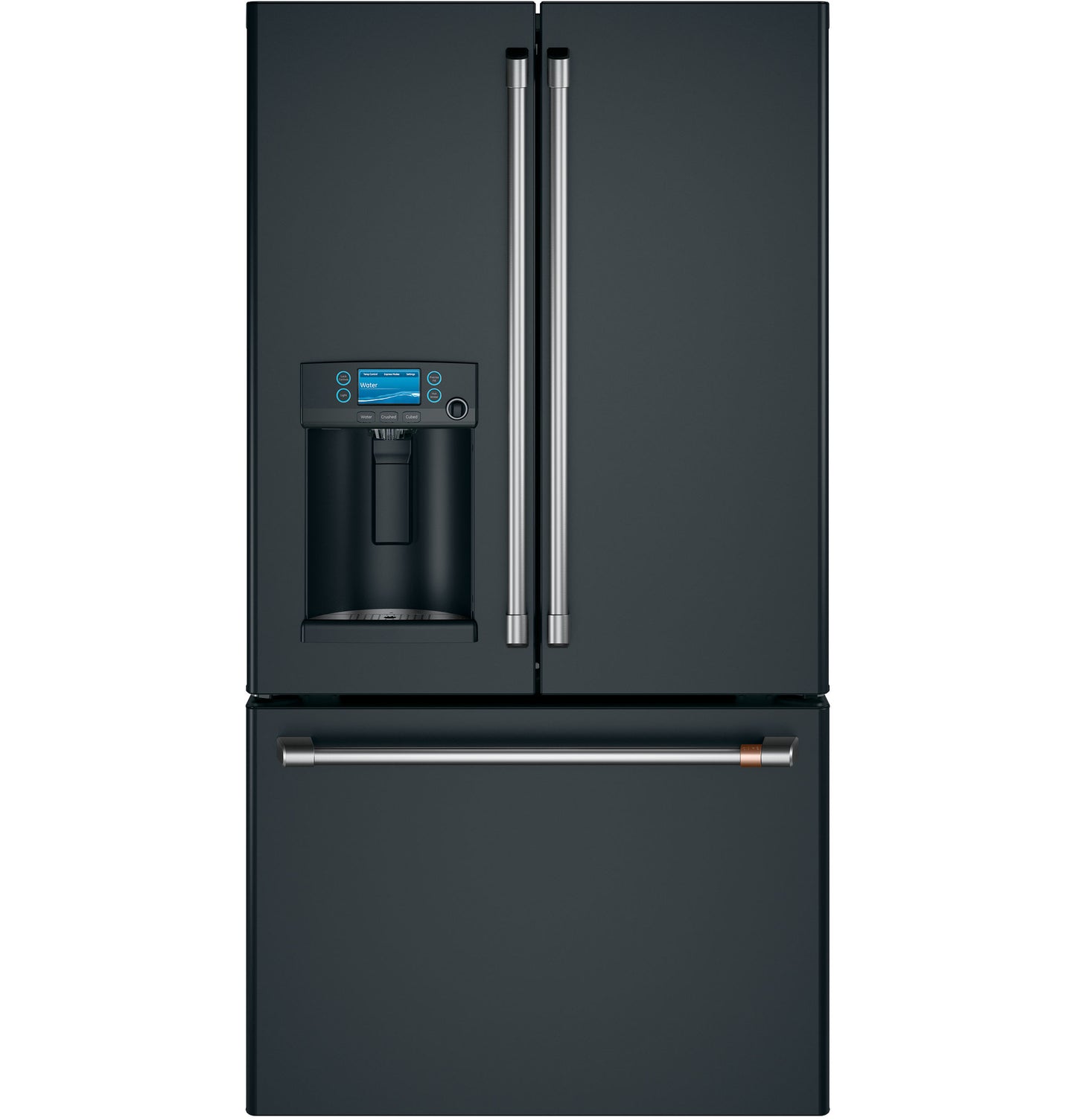 Black smart French-door refrigerator with bottom freezer drawer and built-in hot water dispenser in appliances collection