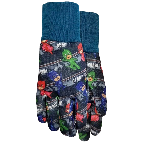 Toddler jersey gloves with colorful superhero pattern and knit cuffs, ideal for safety and outdoor work under $25.