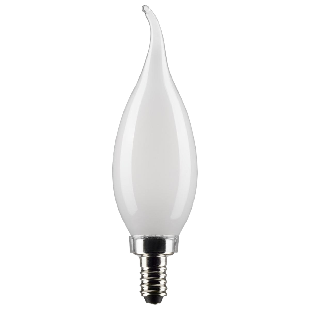Frosted LED light bulb with a candelabra base and warm white glow for home improvement lighting needs