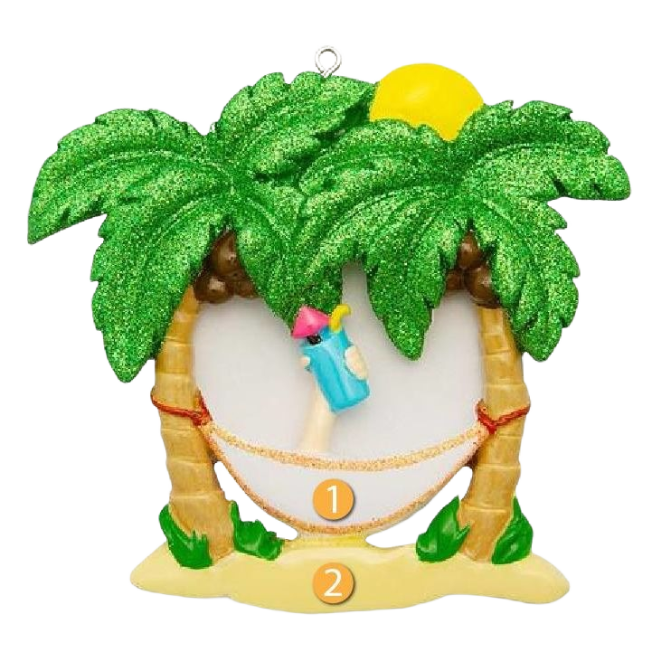 Tropical holiday ornament with green palm trees, hammock, and yellow sun from Christmas Ornaments & Tree Decorations collection