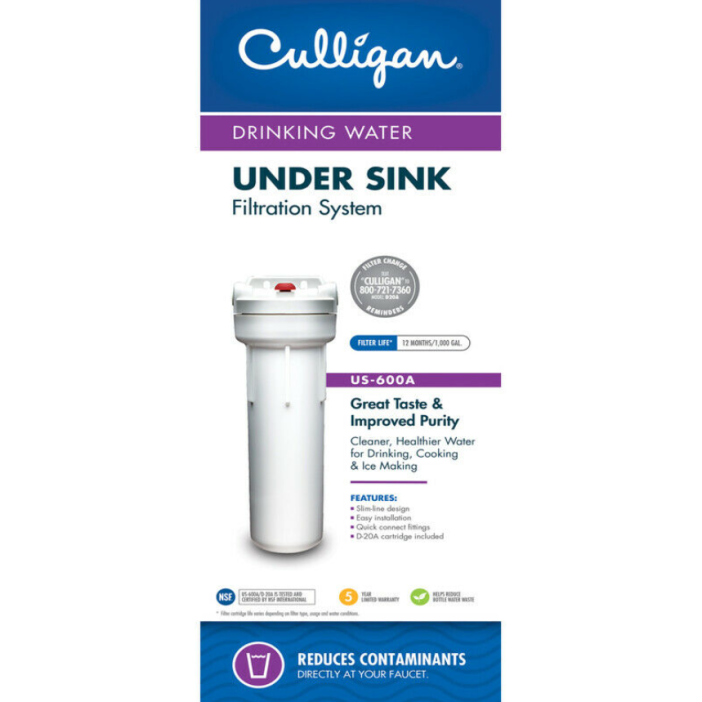 White vertical water filter housing designed for under sink installation to improve drinking water quality
