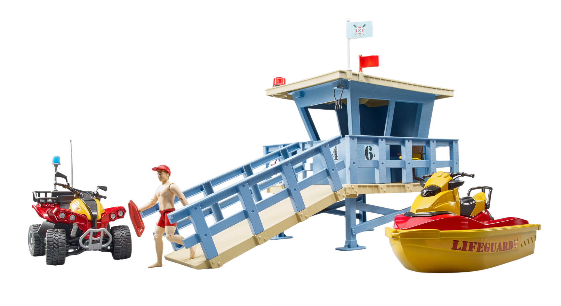 Blue lifeguard station playset with lifeguard figure, yellow rescue watercraft, and red quad from Bruder Toys under $100 collection