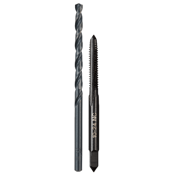 Set of black straight flute plug tap and drill bit designed for precise threading and drilling in home improvement tasks